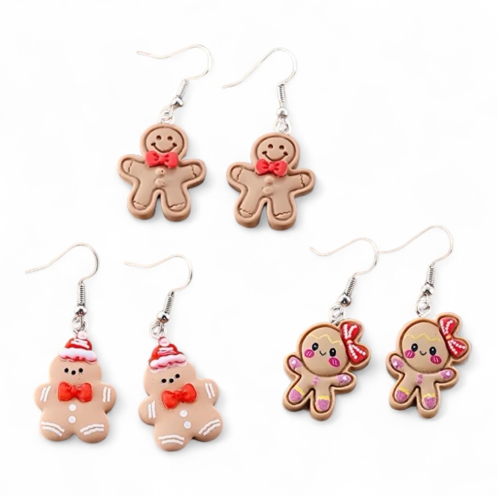 3 Pairs Christmas Gingerbread Man & Girl Pendant Holiday Drop Earrings
